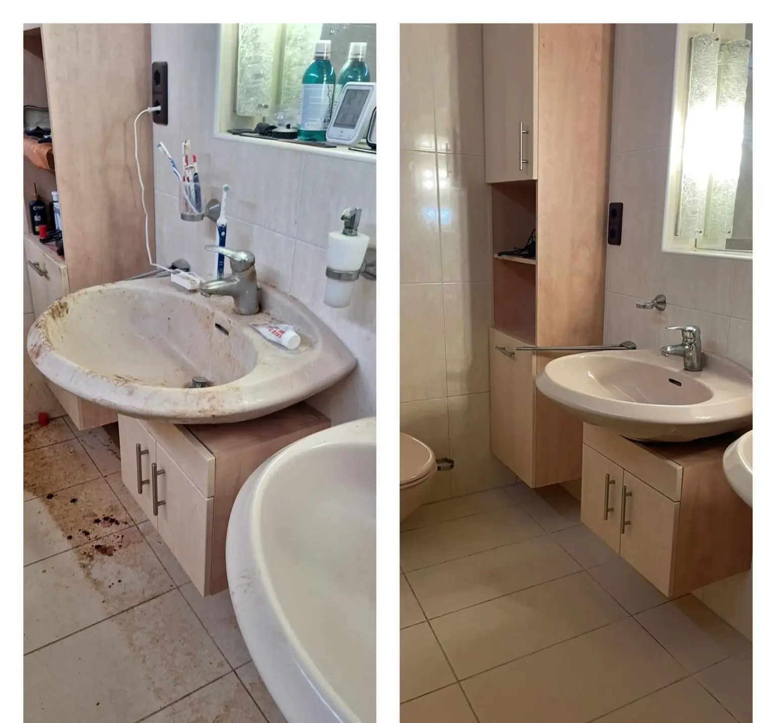 Grundreinigung eines Badezimmers in Düsseldorf – Vorher-Nachher-Vergleich eines Waschbeckens